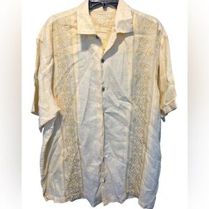 Tommy Bahama Linen Embroidered Yellow Button Down Shirt Size XL